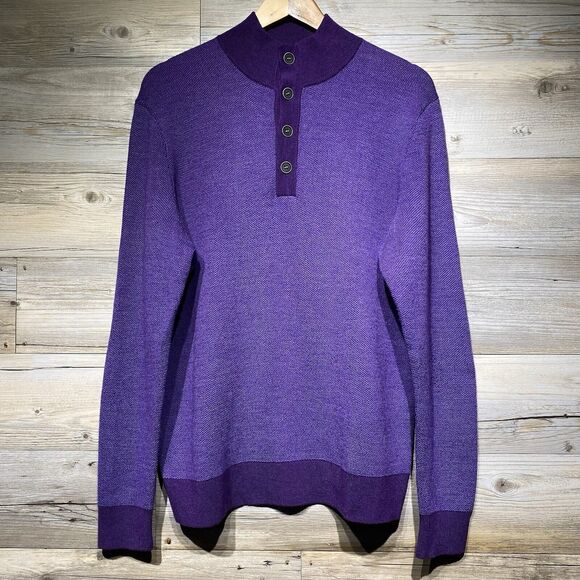 Untuckit Men's M Sorensen Purple Merino Wool Sweater Mock Neck 1/4 Button VGUC - Picture 1 of 8